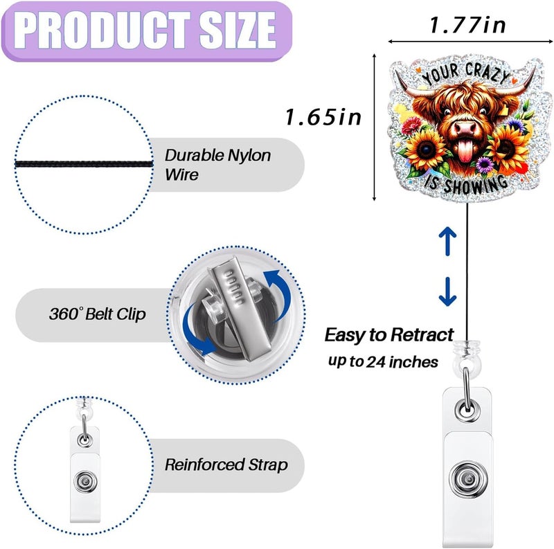 Bydevia Your Crazy is Showing Highland Cow Badge Reel Retractable, Funny Nurse Badge Accessories, Highland Cow Badge Holder with Alligator Clip & 24” Durable Nylon Cord for Nurse Nursing RN CNA & Office Staff - Image 2